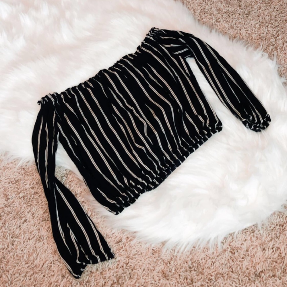 Navy Blue and White Striped Off The Shoulder Crop